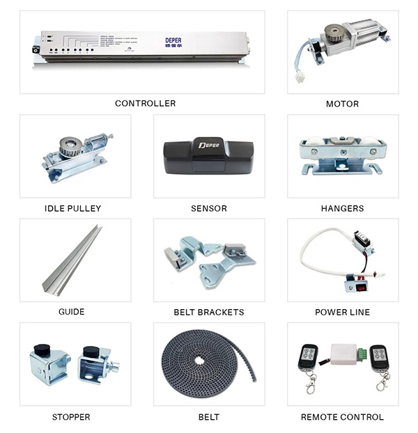 Phụ kiện cửa tự động gồm con lăn, ray, motor, cảm biến, pully, dây curoa