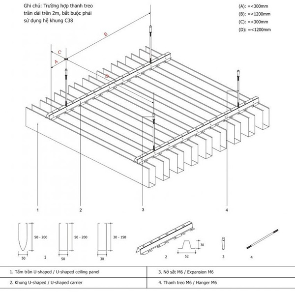 Cấu tạo trần nhôm U-shaped gồm các thanh nhôm định hình chữ U lắp song song trên hệ khung treo
