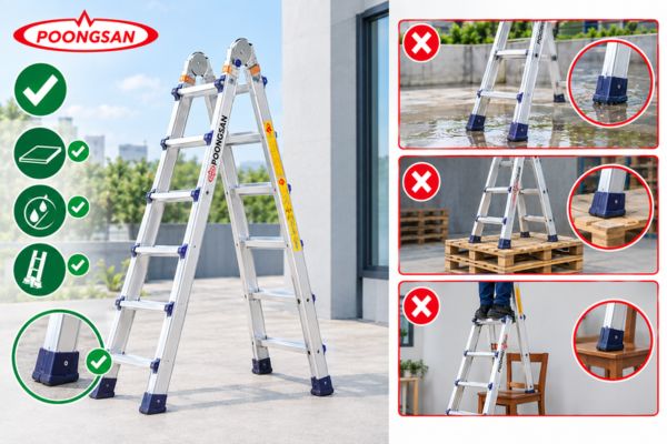 Đặt thang ở mặt s&agrave;n bằng phẳng, kh&ocirc; r&aacute;o