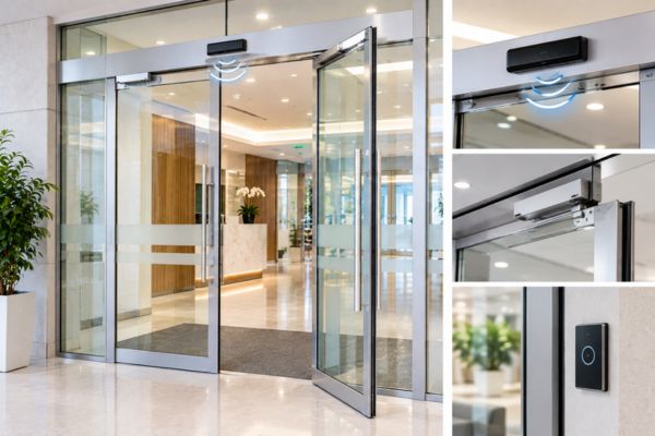 Cửa k&iacute;nh tự động mở c&aacute;nh với g&oacute;c mở rộng, tối ưu h&oacute;a diện t&iacute;ch lối đi